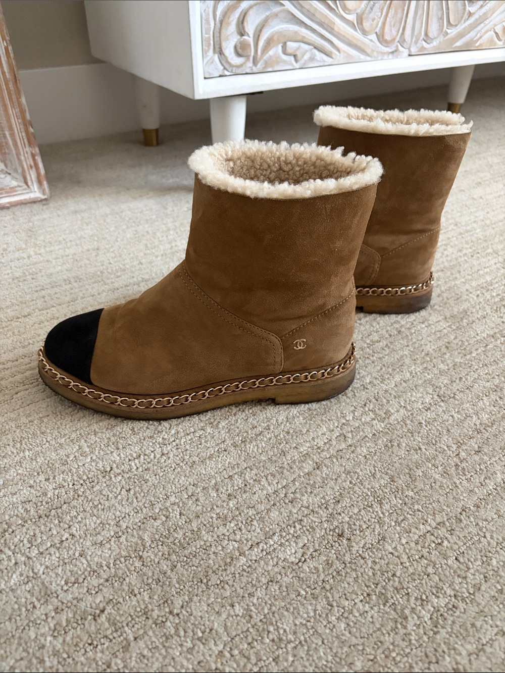Chanel chain link accent suede boots, size 38